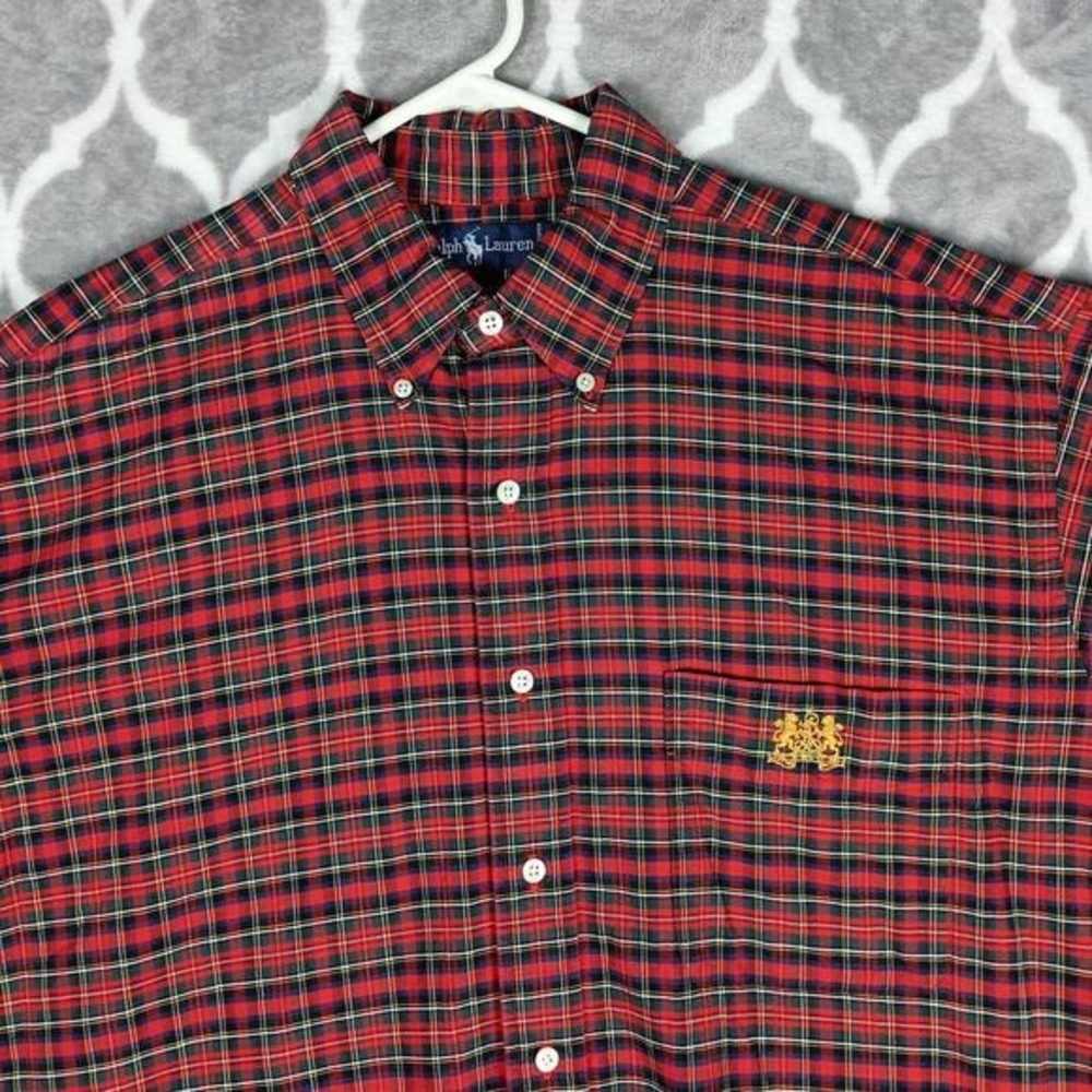 Ralph Lauren Tartan Plaid Shirt Men Large Red Crest Long Sleeve Button Down